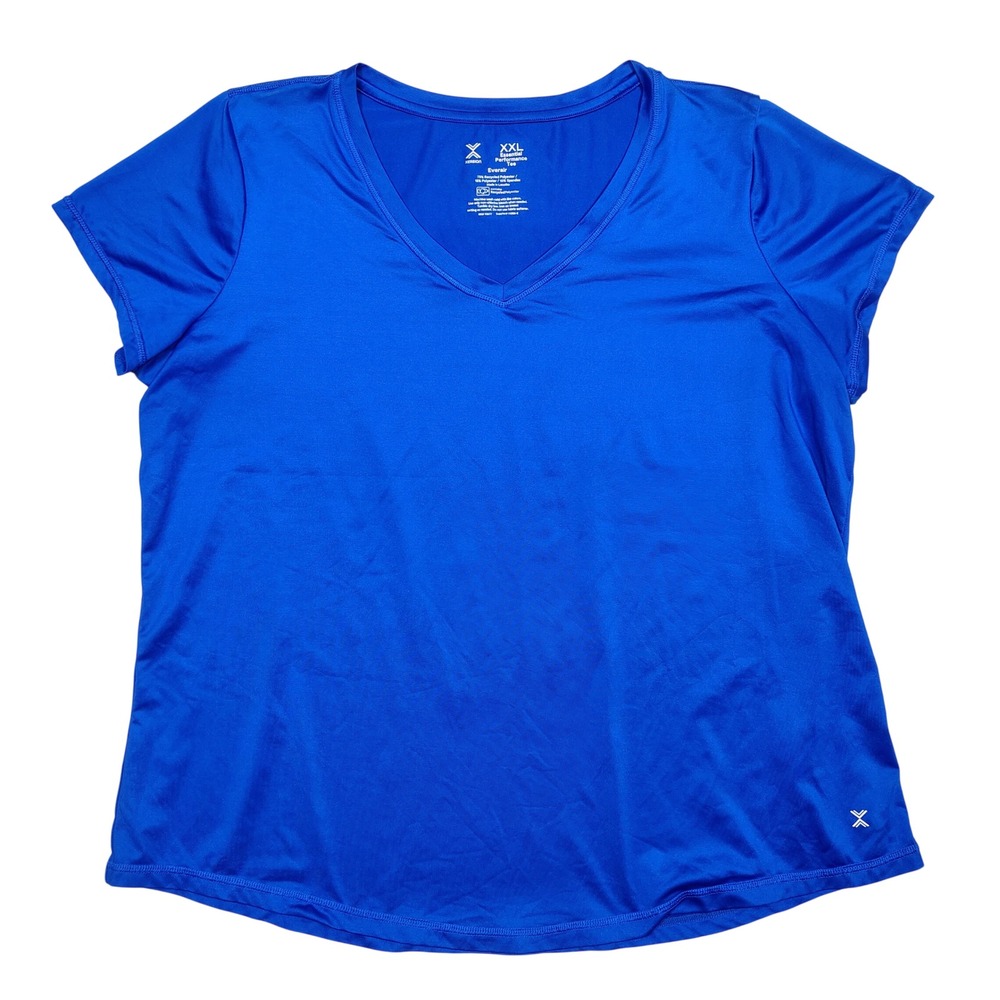 Xersion Essential Performance Tee Womens XXL Blue V-Neck Solid Polyester Spandex